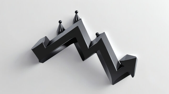A black descending arrow chart with king chess pieces on its peaks, symbolizing economic recession, financial crisis, and strategic leadership failure