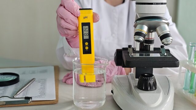 Testing water pH levels in a laboratory with a digital probe and microscope concept