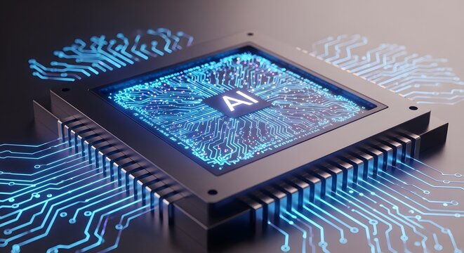 Artificial intelligence microchip with glowing circuitry represents advanced technology and future innovation