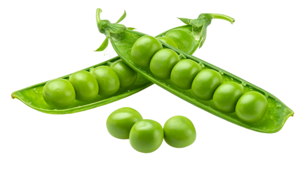 Close-up of open pea pods, revealing several bright green peas on a solid black background