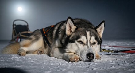 Siberian husky dog resting on snowy landscape with sled in background  