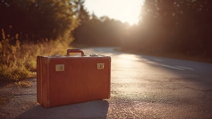 Vintage suitcase rests abandoned on the side of a sunlit rural road through woods