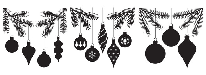 Elegant Christmas ornaments hanging from pine branches a simple black and white vector illustration perfect for holiday designs and greeting cards © Baloch