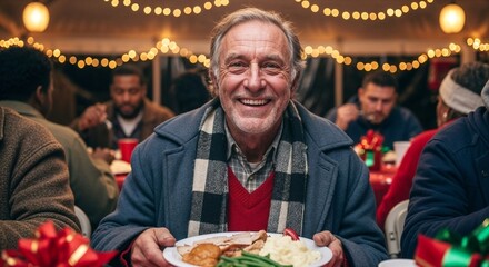 Elderly man smiling while holding a plate of food at dinner table. Charity Christmas dinner for the homeless