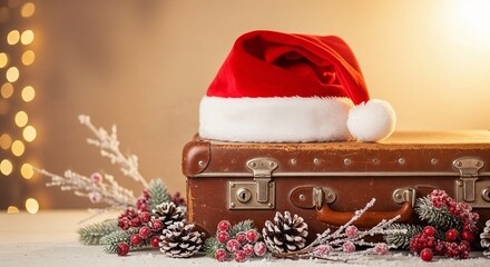 Red Christmas hat on vintage suitcase with pine cones and decorations