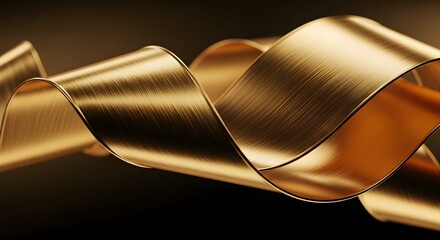 Close up of a golden ribbon curving against a dark background