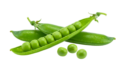 Close-up of green pea pods, one opened to reveal vibrant round peas. Isolated, black background