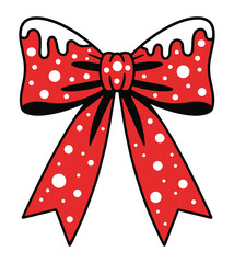 Festive red ribbon bow with white polka dots and snow a vector illustration for Christmas and holiday designs isolated on white background