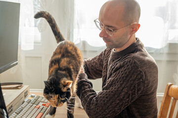 bald man in brown sweater gently holding tortoiseshell cat on desk, working computer with keyboard and monitor, in cozy home office setting, petting cat during work break, furry companion nearby