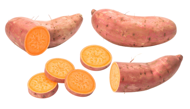 Sliced and whole root vegetables with orange flesh and reddish-brown skins against a black backdrop