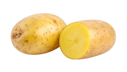 Two whole potatoes, one cut open to display the inner, yellow flesh