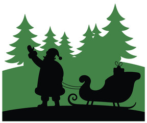 Silhouette of Santa Claus pulling a sleigh through a forest vector illustration for Christmas and holiday designs isolated on white background