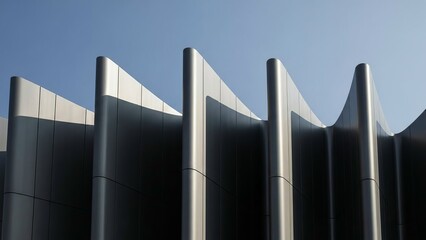 Modern architectural facade with sharp geometric lines against a clear blue sky