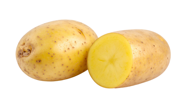 Two whole potatoes, one cut open to display the inner, yellow flesh