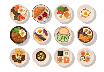 Twelve overhead views of diverse breakfast plates arranged in three rows