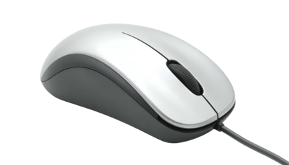 Close-up of a wired, ergonomic, silver-and-gray computer pointing device, isolated