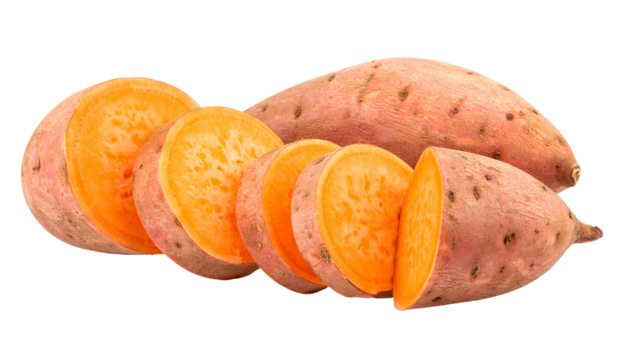 Sliced orange-fleshed vegetable alongside whole specimen against a transparent backdrop