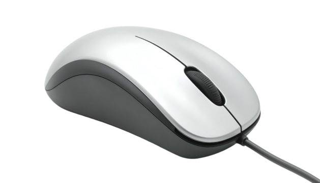 Close-up of a wired, ergonomic, silver-and-gray computer pointing device, isolated