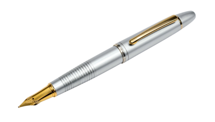 A close-up shot of a sophisticated silver and gold fountain pen against a black background