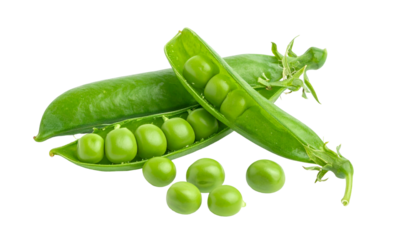 Close-up studio shot of open green pea pods with round, vibrant peas on black backdrop