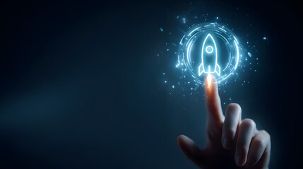 Human finger touches glowing icon representing rapid business acceleration and digital launch
