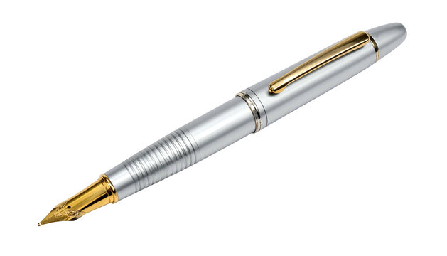 A close-up shot of a sophisticated silver and gold fountain pen against a black background