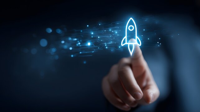 Businessperson initiates rapid progress by touching a glowing rocket icon on a dark digital interface - Powered by Adobe