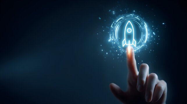 Human finger touches glowing icon representing rapid business acceleration and digital launch