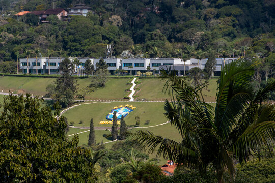 The CBF logo is prominently displayed at the Granja Comary football complex. Headquarters and main training center for the Brazilian national football team. TERESOPOLIS, RIO DE JANEIRO, BRAZIL