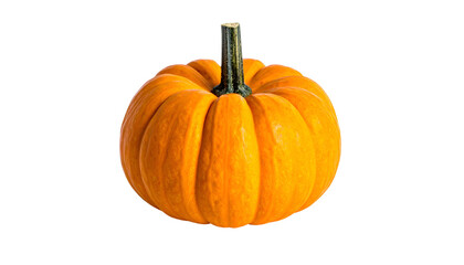 Vivid orange pumpkin, isolated against a black backdrop, showing ribbed texture