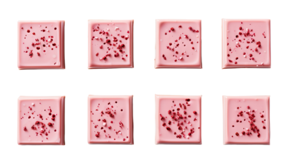 Overhead flat lay of ruby chocolate squares with vibrant pink accents on transparent background