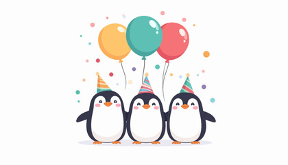 Three adorable cartoon penguins wearing colorful party hats and celebrating with balloons and confetti.