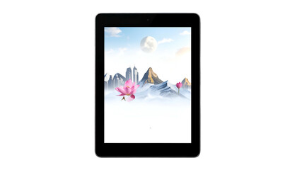 Fototapeta premium Tablet displaying a digital landscape mountains, moon, lotus flower, and scenic sky