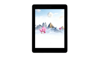 Tablet displaying a digital landscape mountains, moon, lotus flower, and scenic sky