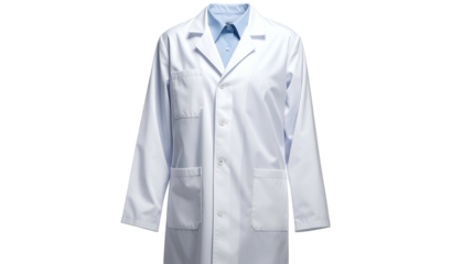 White lab coat over a light blue collared shirt, isolated on a black background