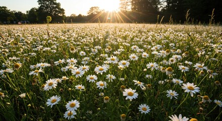 Expansive meadow filled with blooming white wildflowers illuminated by bright sunlight