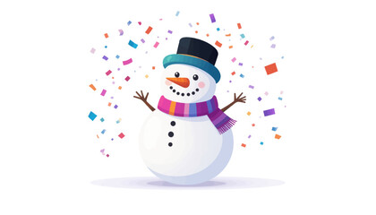 A happy snowman wearing a top hat and a striped scarf, with colorful confetti falling around him on a white background.
