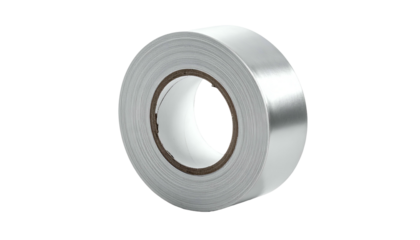 Close-up of a roll of silver tape with a cardboard core, presented against black
