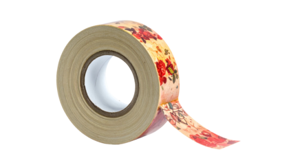 A roll of decorative adhesive tape featuring a colorful floral pattern with red blooms