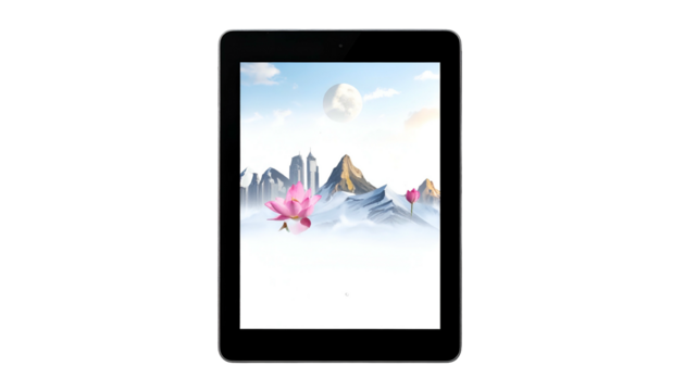 Tablet displaying a digital landscape mountains, moon, lotus flower, and scenic sky - Powered by Adobe