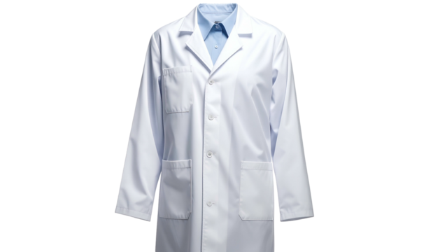 White lab coat over a light blue collared shirt, isolated on a black background