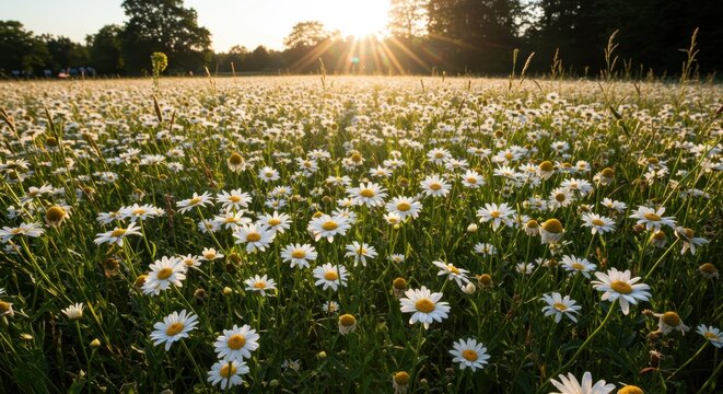 Expansive meadow filled with blooming white wildflowers illuminated by bright sunlight - Powered by Adobe