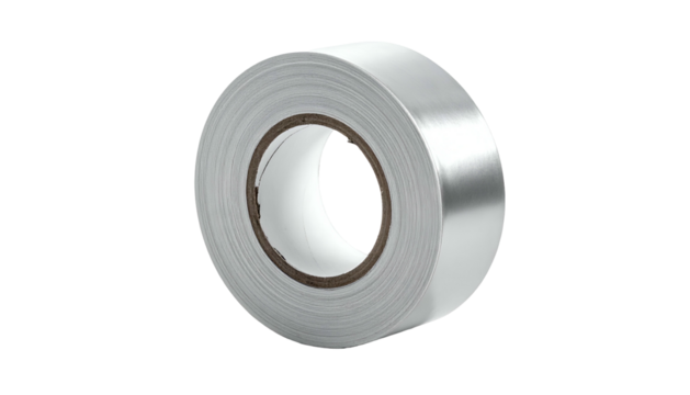 Close-up of a roll of silver tape with a cardboard core, presented against black