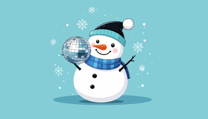 A cheerful cartoon snowman wearing a hat and scarf, holding a shiny disco ball on a light blue background with falling snowflakes.