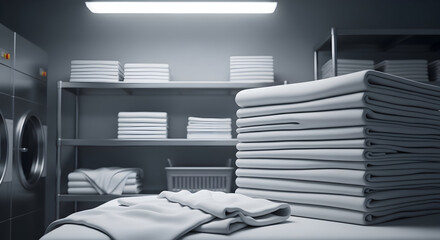 Neatly folded stacks of white laundry on shelves in a modern laundry room with washing machines.