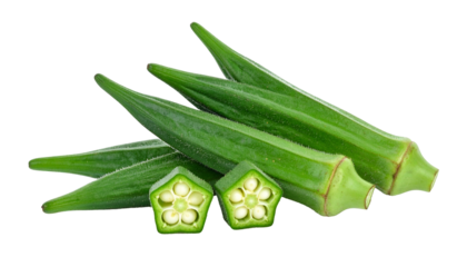 Close-up of several green okra pods, some whole and others cut to reveal seeds