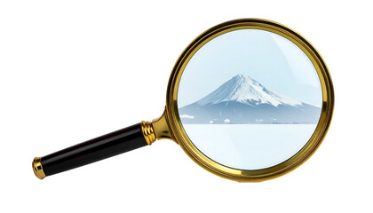 A golden-framed magnifying glass revealing a snow-capped mountain against a light blue sky
