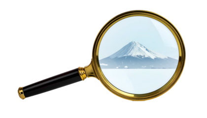 A golden-framed magnifying glass revealing a snow-capped mountain against a light blue sky