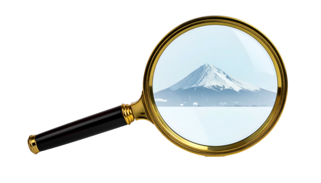 A golden-framed magnifying glass revealing a snow-capped mountain against a light blue sky - Powered by Adobe