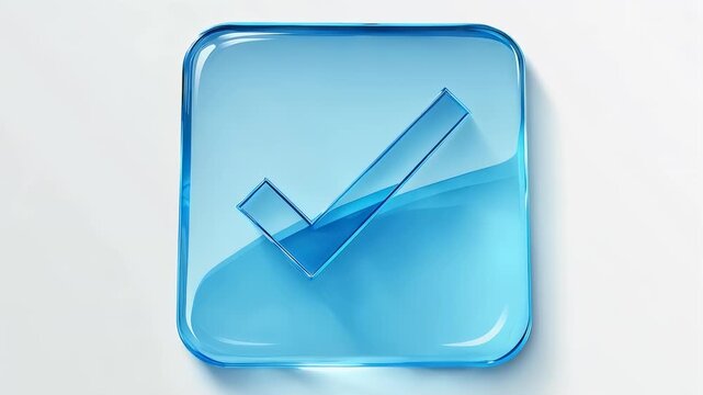 A blue, translucent square icon with rounded corners features a checkmark inside. A gradient adds depth, and it rests on a light background
